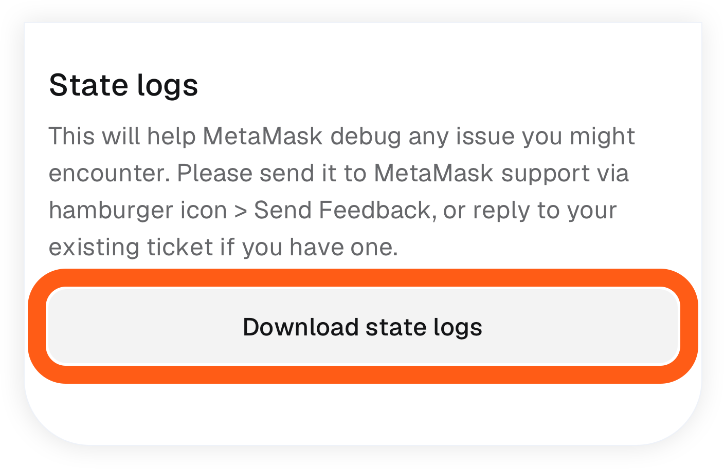 MetaMask mobile download state logs button