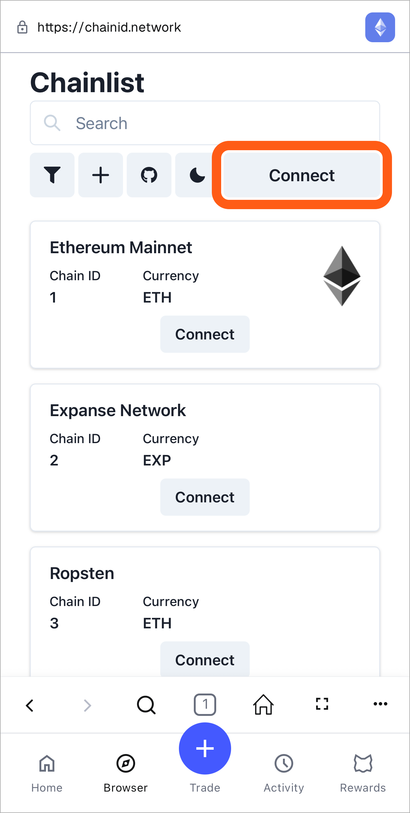 MetaMask mobile chainlist connect to site button