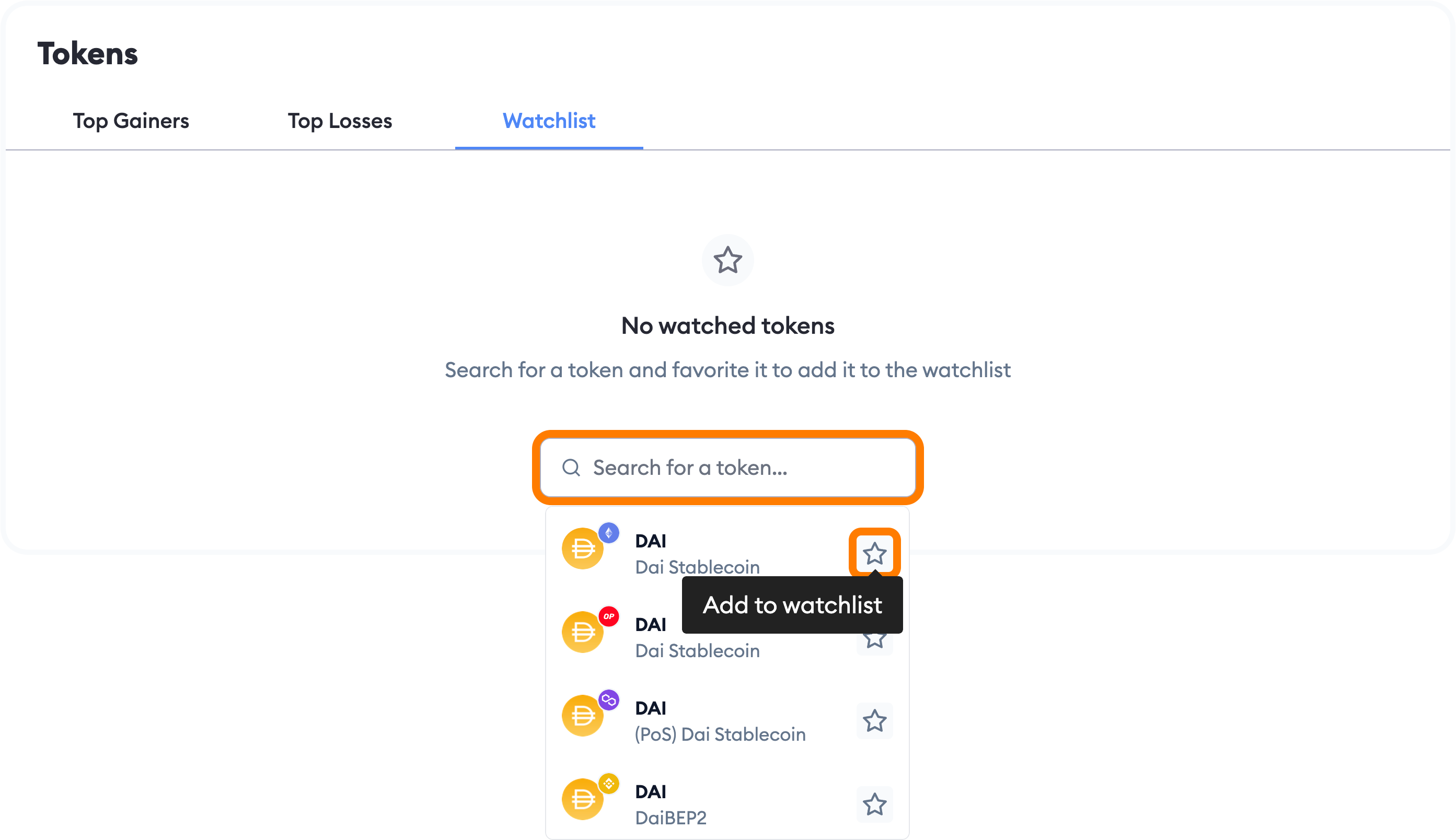 MetaMask Portfolio watchlist search for
token