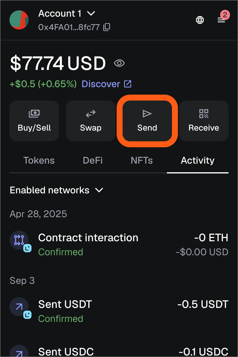 MetaMask home screen send button