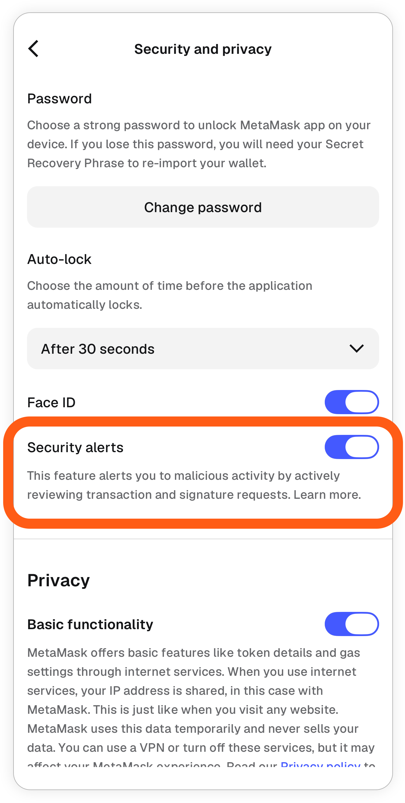MetaMask mobile locate settings security and privacy security alerts toggle