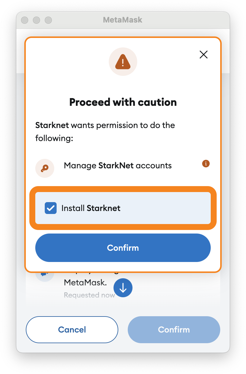 Review additional permissions requested by the Starknet
Snap
